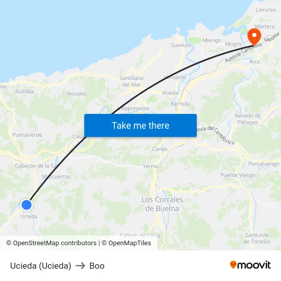 Ucieda (Ucieda) to Boo map
