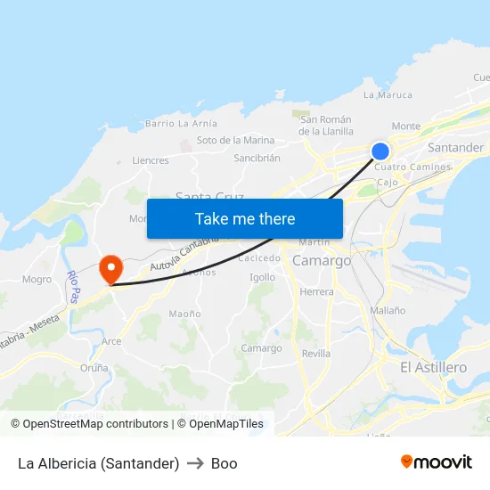 La Albericia (Santander) to Boo map