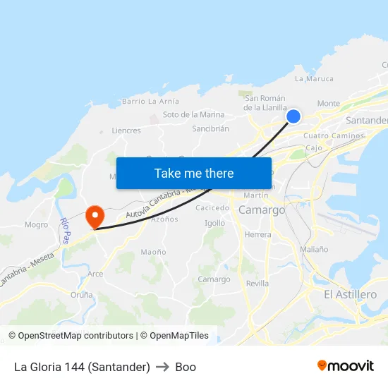 La Gloria 144 (Santander) to Boo map
