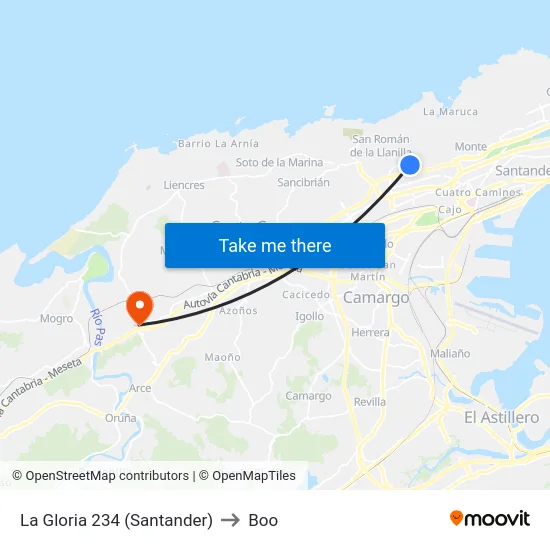 La Gloria 234 (Santander) to Boo map