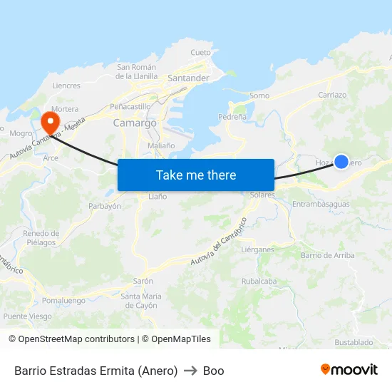 Barrio Estradas Ermita (Anero) to Boo map