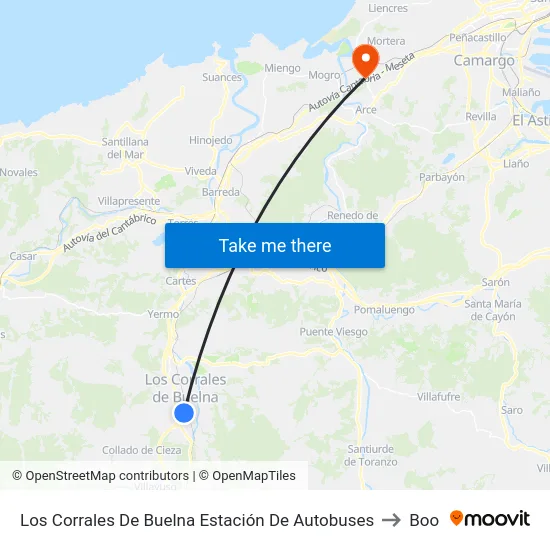 Los Corrales De Buelna Estación De Autobuses to Boo map