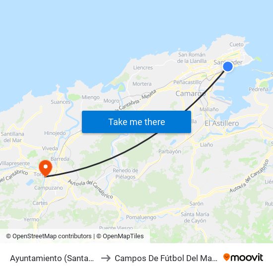 Ayuntamiento (Santander) to Campos De Fútbol Del Malecón map