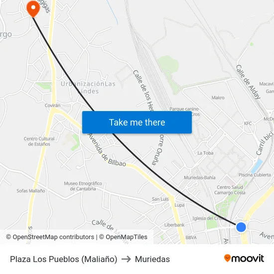 Plaza Los Pueblos (Maliaño) to Muriedas map