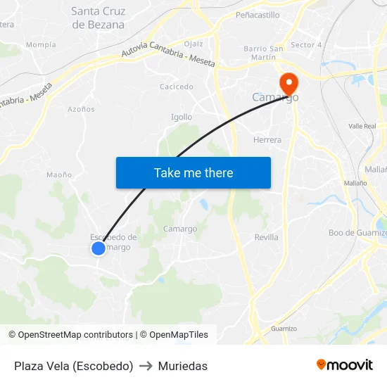 Plaza Vela (Escobedo) to Muriedas map