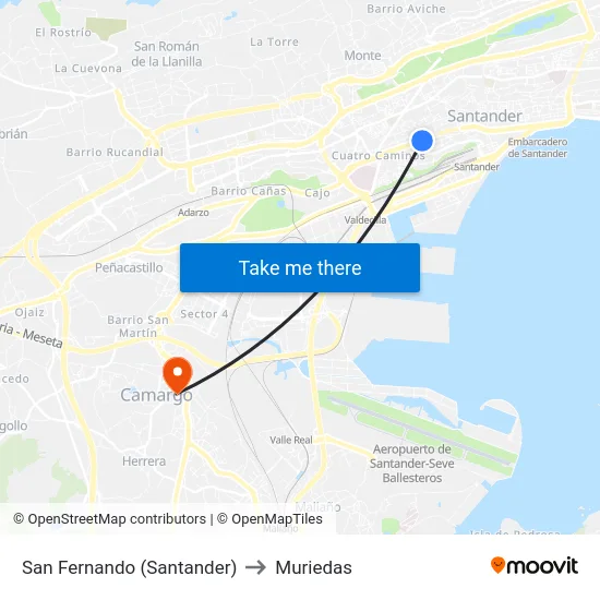 San Fernando (Santander) to Muriedas map