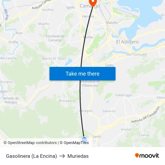 Gasolinera (La Encina) to Muriedas map