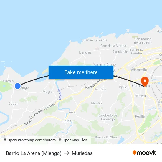 Barrio La Arena (Miengo) to Muriedas map