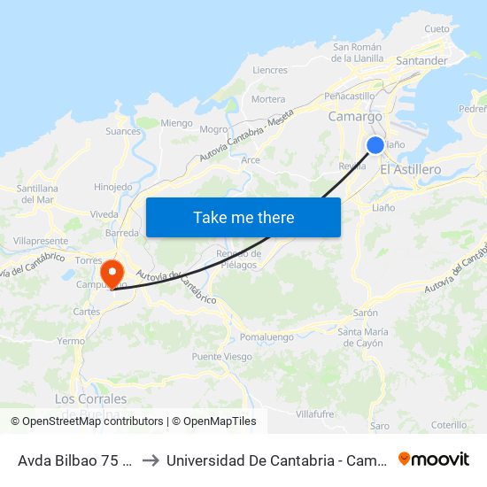 Avda Bilbao 75 (Muriedas) to Universidad De Cantabria - Campus De Torrelavega map