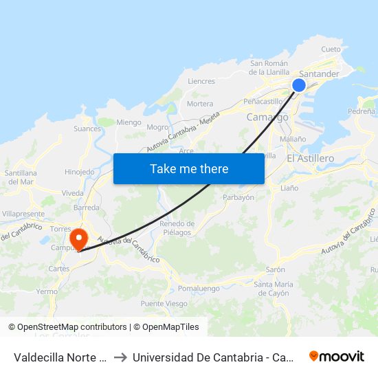 Valdecilla Norte (Santander) to Universidad De Cantabria - Campus De Torrelavega map