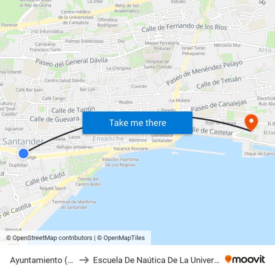 Ayuntamiento (Santander) to Escuela De Naútica De La Universidad De Cantabria map