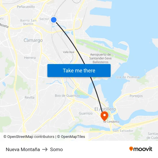 Nueva Montaña to Somo map