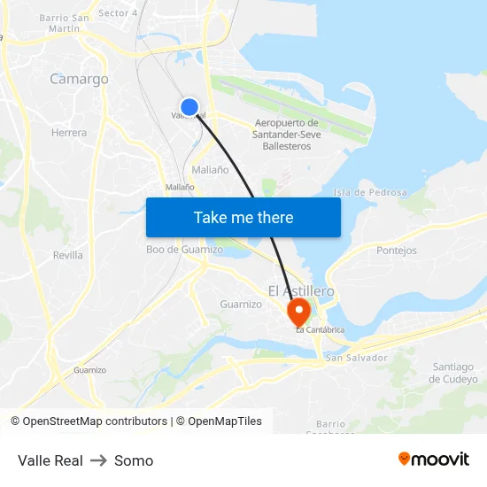 Valle Real to Somo map