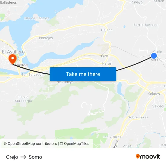 Orejo to Somo map