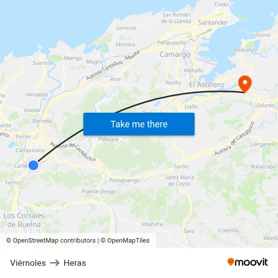 Viérnoles to Heras map