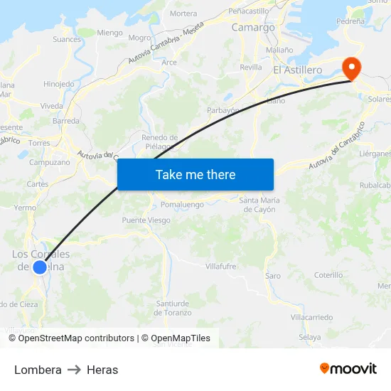 Lombera to Heras map