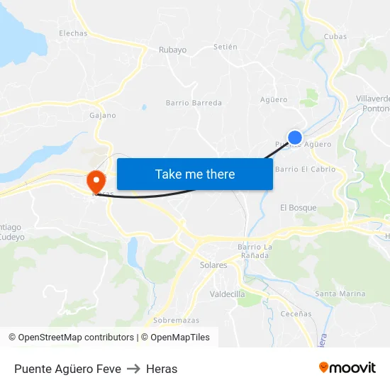 Puente Agüero Feve to Heras map