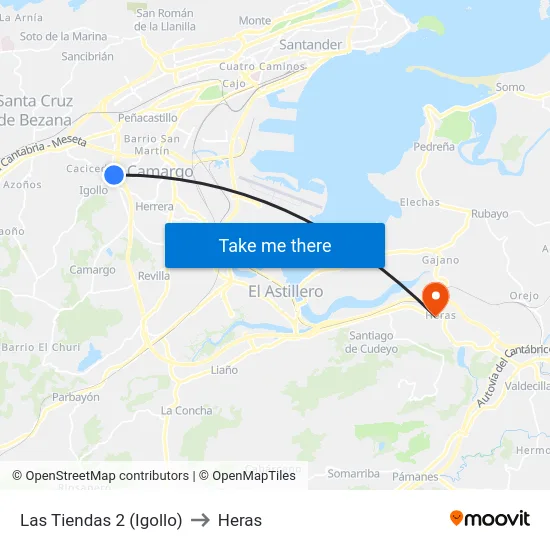 Las Tiendas 2 (Igollo) to Heras map