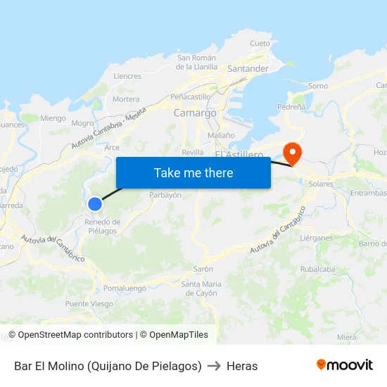 Bar El Molino (Quijano De Pielagos) to Heras map