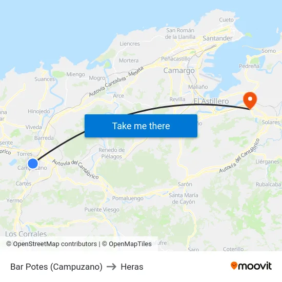 Bar Potes (Campuzano) to Heras map