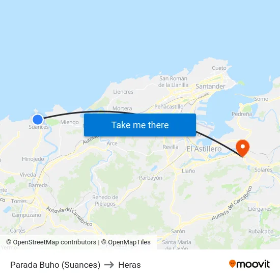 Parada Buho (Suances) to Heras map