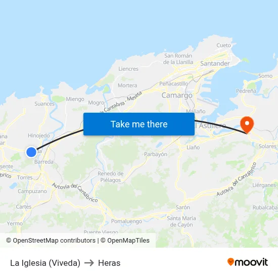 La Iglesia (Viveda) to Heras map