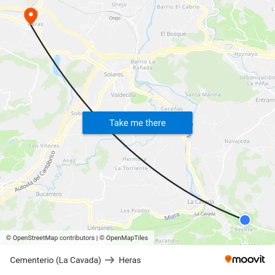 Cementerio (La Cavada) to Heras map