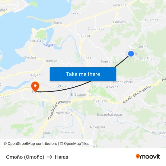 Omoño (Omoño) to Heras map