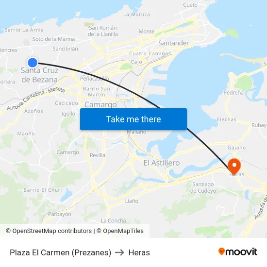 Plaza El Carmen (Prezanes) to Heras map