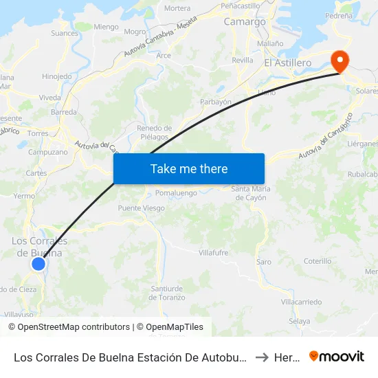 Los Corrales De Buelna Estación De Autobuses to Heras map