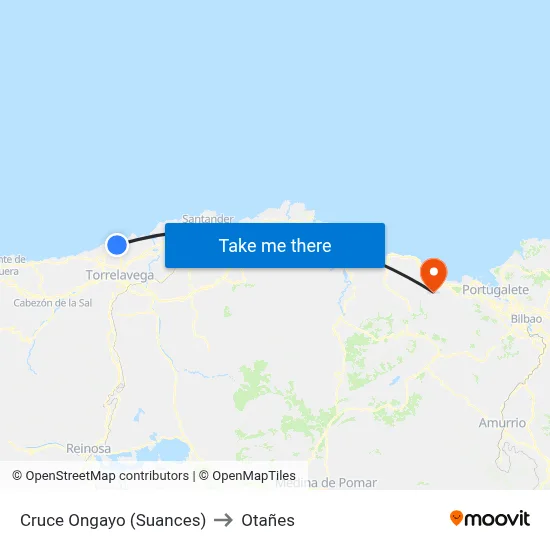 Cruce Ongayo (Suances) to Otañes map