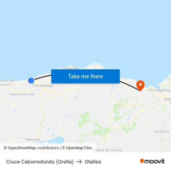 Cruce Caborredondo (Oreña) to Otañes map