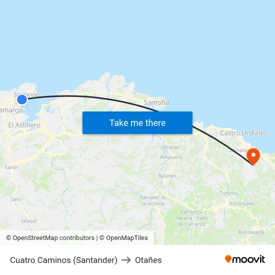 Cuatro Caminos (Santander) to Otañes map