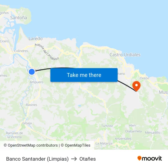 Banco Santander (Limpias) to Otañes map