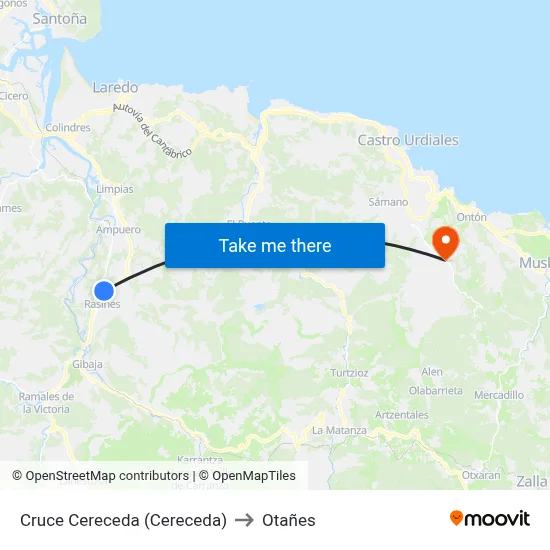 Cruce Cereceda (Cereceda) to Otañes map