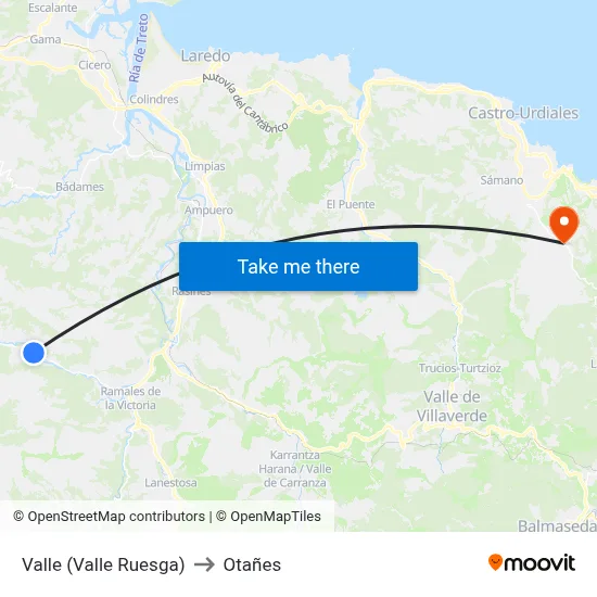 Valle (Valle Ruesga) to Otañes map