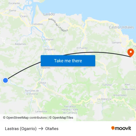 Lastras (Ogarrio) to Otañes map