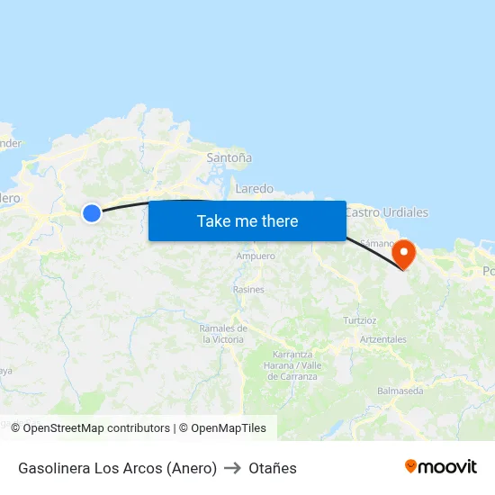Gasolinera Los Arcos (Anero) to Otañes map