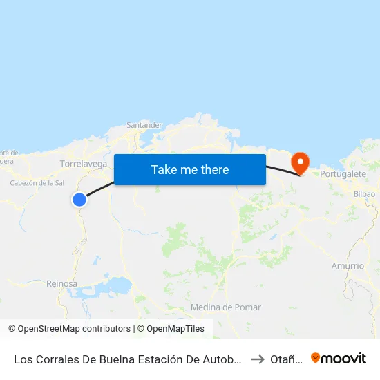 Los Corrales De Buelna Estación De Autobuses to Otañes map