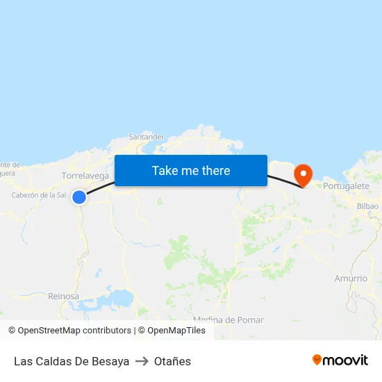 Las Caldas De Besaya to Otañes map