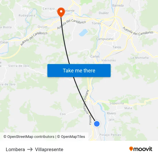 Lombera to Villapresente map