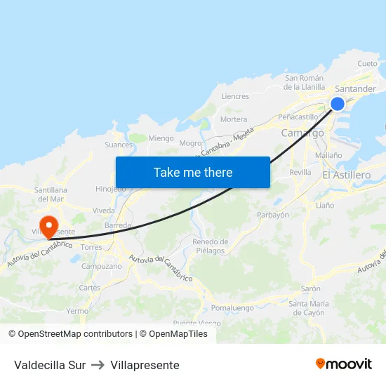 Valdecilla Sur to Villapresente map