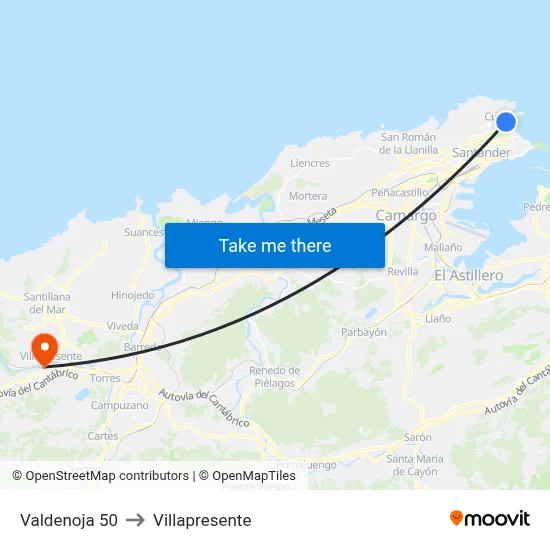 Valdenoja 50 to Villapresente map