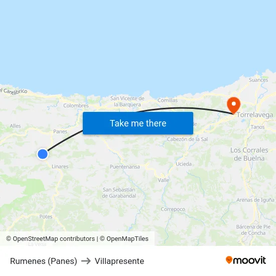 Rumenes (Panes) to Villapresente map