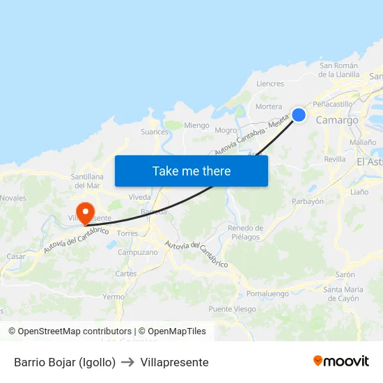 Barrio Bojar (Igollo) to Villapresente map