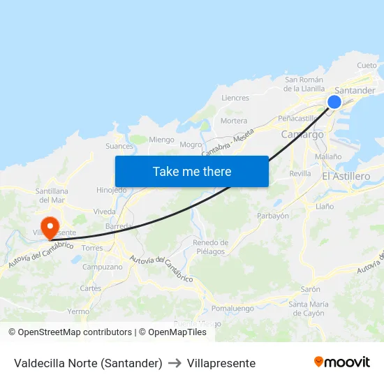Valdecilla Norte (Santander) to Villapresente map
