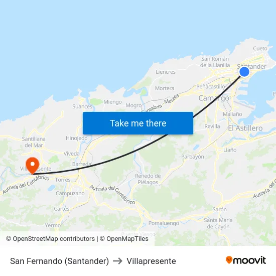 San Fernando (Santander) to Villapresente map