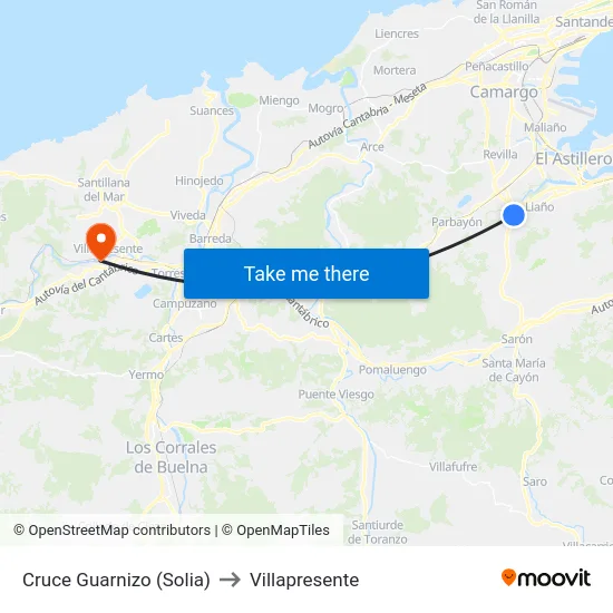 Cruce Guarnizo (Solia) to Villapresente map