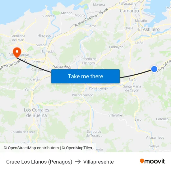 Cruce Los Llanos (Penagos) to Villapresente map