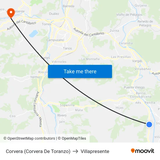 Corvera (Corvera De Toranzo) to Villapresente map